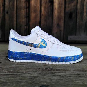 Nike Air Force 1 Custom "Royal Gold" 👑 Blue Pearlescent 🔵 Splatter White Shoes
